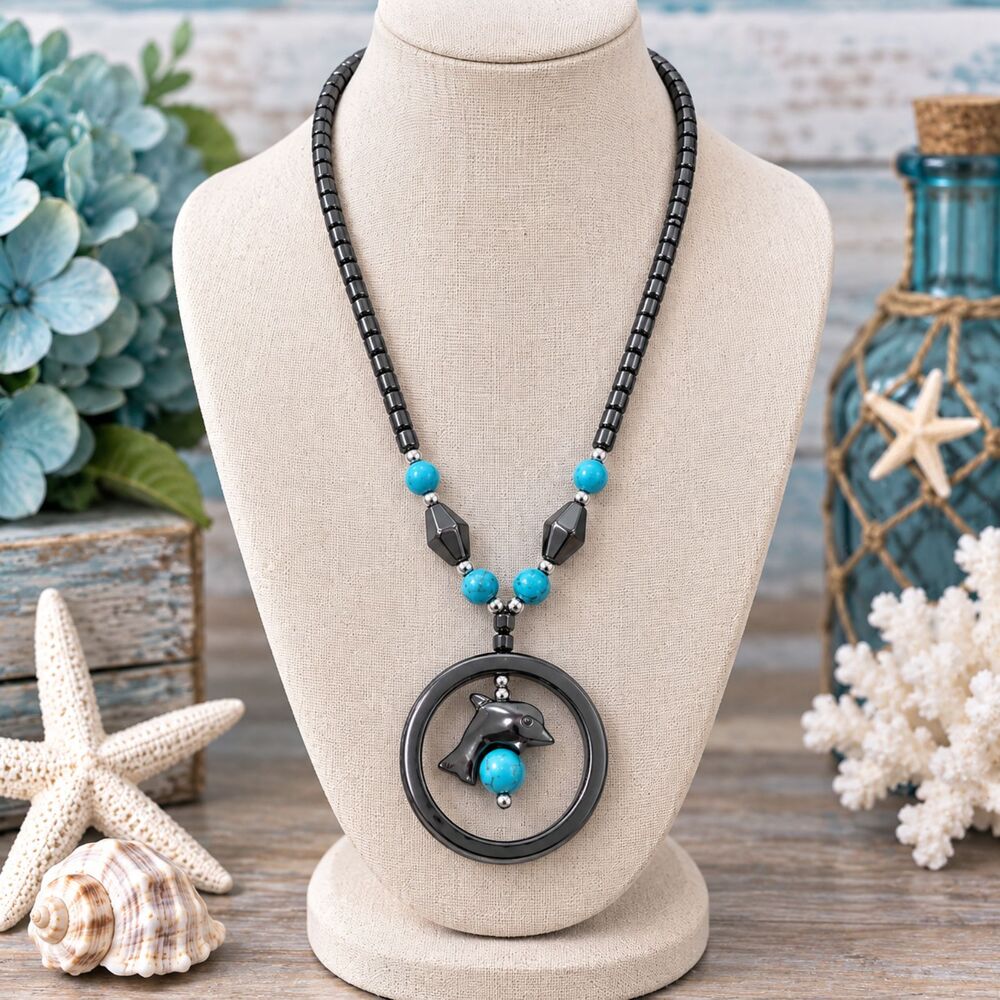 Hematite Beaded Dolphin Pendant Necklace Turquoise Accent Coastal Jewelry 18"